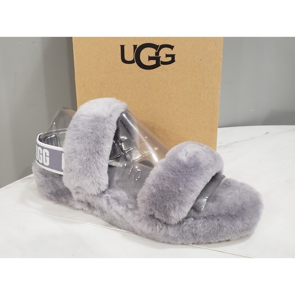 NEW UGG OH YEAH SLIDE SIZE 10 Sheepskin Slipper 1107953 GRAY SPELL OUT STRAPS - Picture 1 of 9